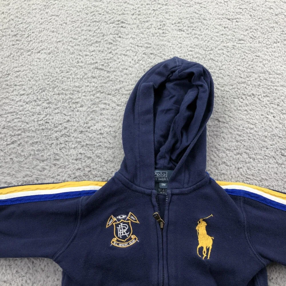 Polo Ralph Lauren Jacket Infant 9M Blue Hooded Fleece Track Zip Logo Striped